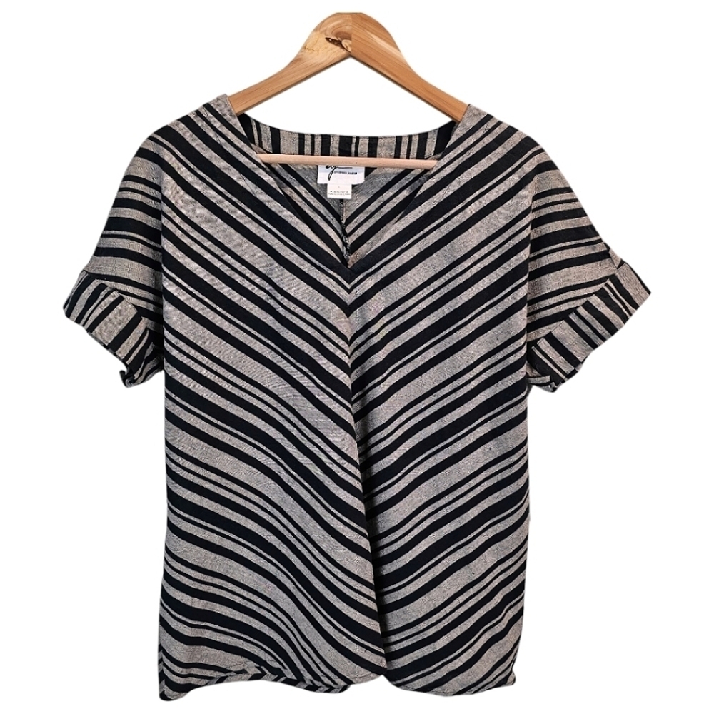 Andrea Jovine Womens Linen Cotton Chevron Stripe Top Large Black Beige Neutral